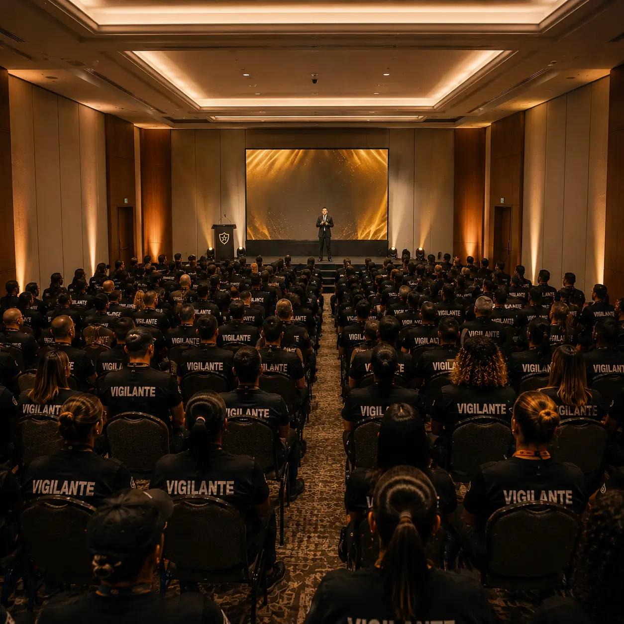 Plateia de um evento com palco e telão iluminados